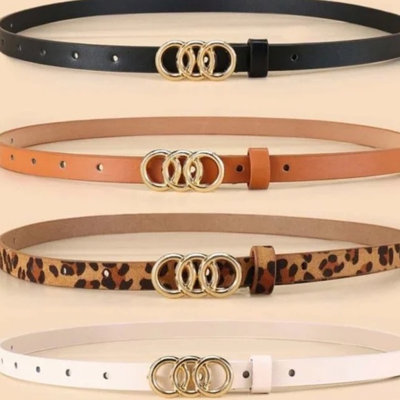Vegan Leather Leopard Print Circle Buckle Skinny Belt Set main image 4